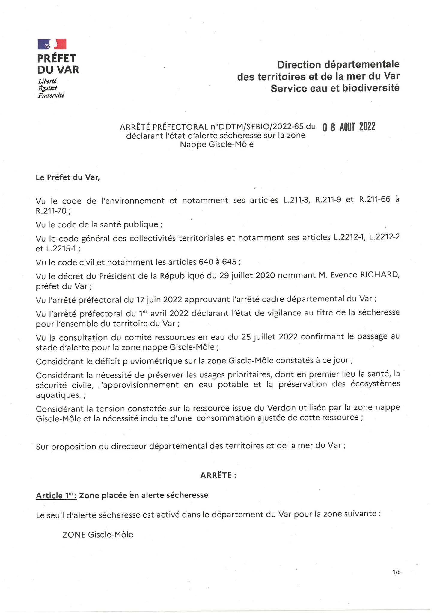 Arrêté préfectoral déclarant l'alerte sècheresse