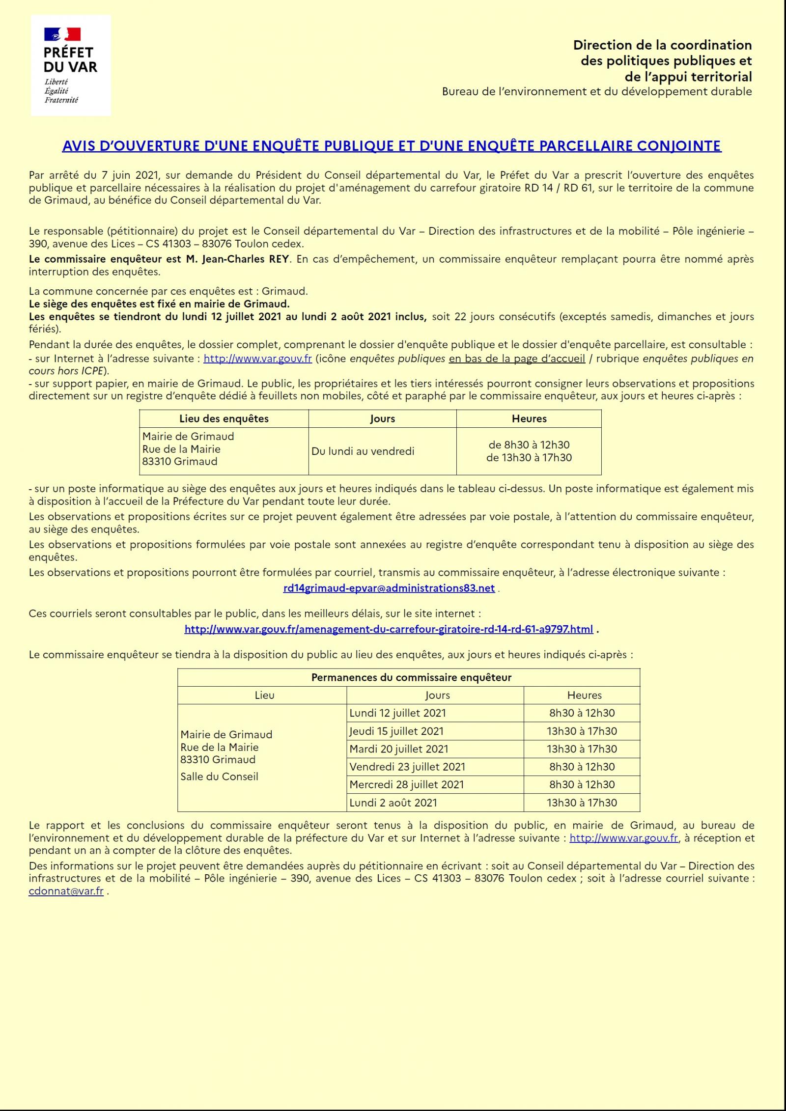 Lundi 12 juillet 2021 : Ouverture d'une enquête publique et d'une enquête parcellaire conjointe - Aménagement du carrefour giratoire RD 14 / RD 61