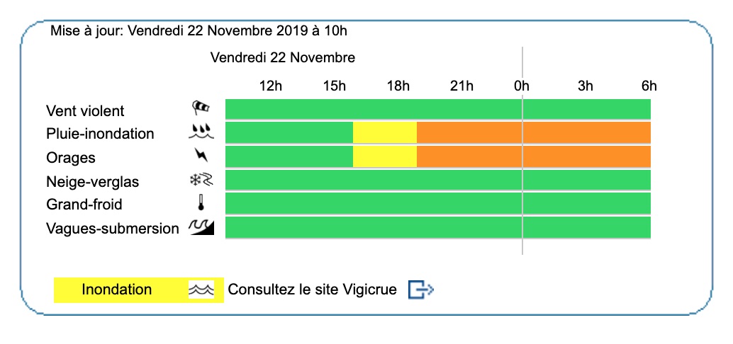 Friday, November 22, 2019: Orange rain-flood and thunderstorm warning