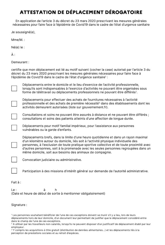 Attestation de déplacement dérogatoire au format numérique 