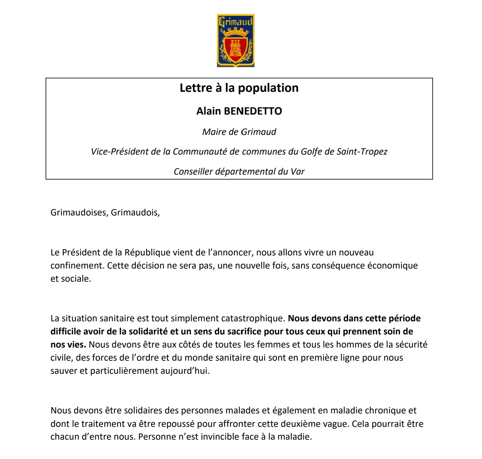 Communiqué du maire à la population suite à l'allocution du Président de la République 