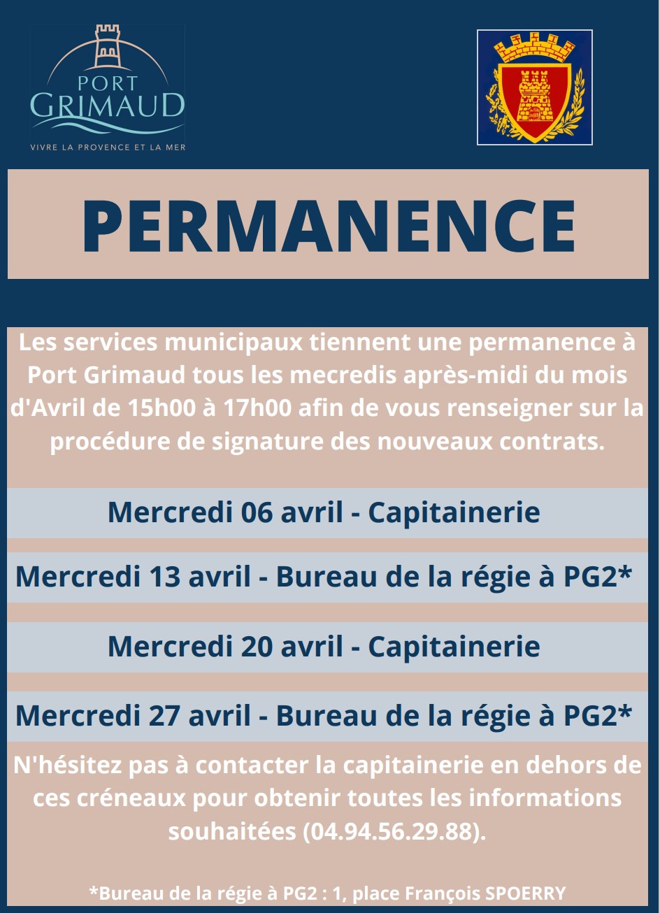 Permanences Port Grimaud : Avril 2022