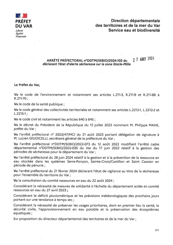 Wednesday August 28, 2024 - Classification of the municipality on drought alert