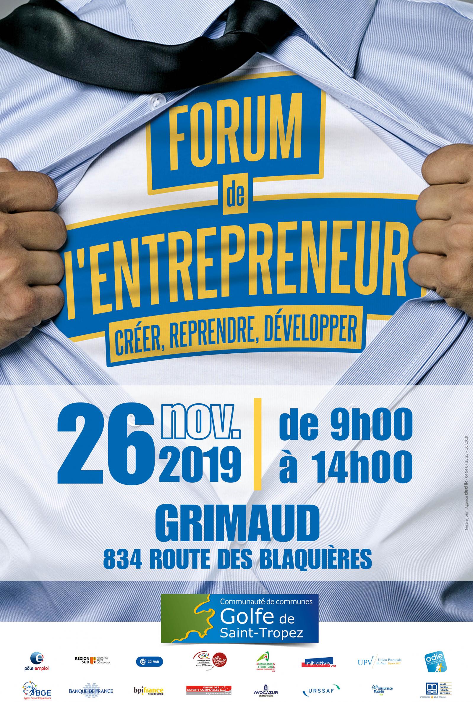 Mardi 26 novembre de 9h00 à 14h00 : Forum de l'entrepreneur à Grimaud 