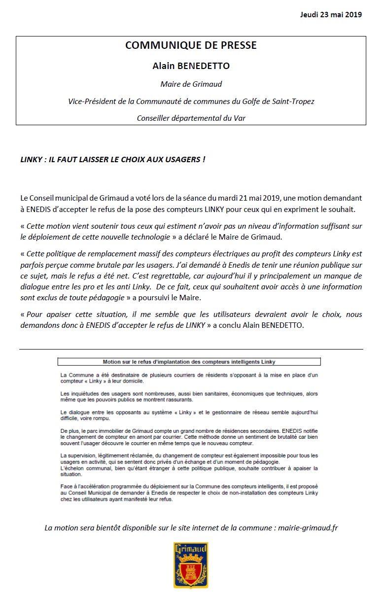 Communiqué de presse : LINKY - Il faut laisser le choix aux usagers ! 