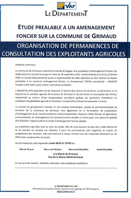 Etude préalable à un aménagement foncier sur la commune de Grimaud : organisation de permanences de consultation des exploitants agricoles